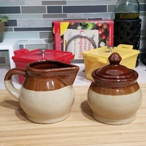 Drip Glaze Pottery Cream and Sugar Bowl 3Pc‎ Set Tri-Color Brown Tan Stoneware
